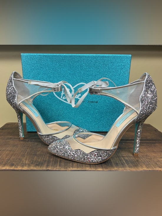 Betsey Johnson Shoes - Betsey Johnson SB-Stela Silver Glitter Heels Size 7 Ankle Tie Mesh Pumps